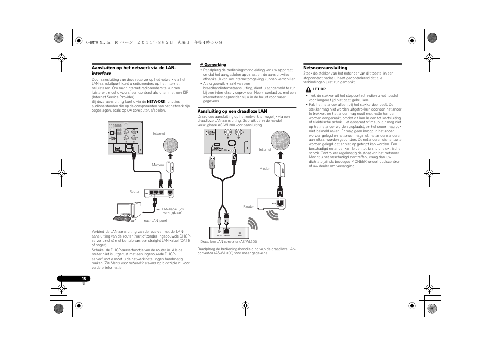 Aansluiten op het netwerk via de lan-interface, Netsnoeraansluiting | Pioneer XC-HM70-K User Manual | Page 166 / 224