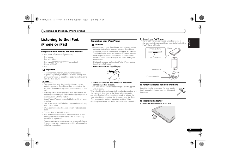 Listening to the ipod, iphone or ipad, Supported ipod, iphone and ipad models, Connecting your ipod/iphone | To remove adaptor for ipod or iphone, To insert ipad adaptor | Pioneer XC-HM70-K User Manual | Page 17 / 224