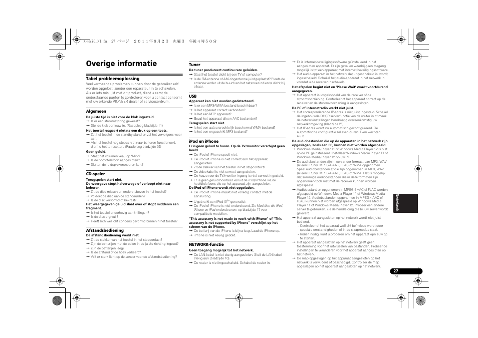 Overige informatie, Tabel probleemoplossing | Pioneer XC-HM70-K User Manual | Page 183 / 224