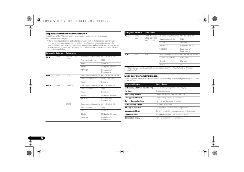 Afspeelbare muziekbestandsformaten, Meer over de statusmeldingen | Pioneer XC-HM70-K User Manual | Page 186 / 224