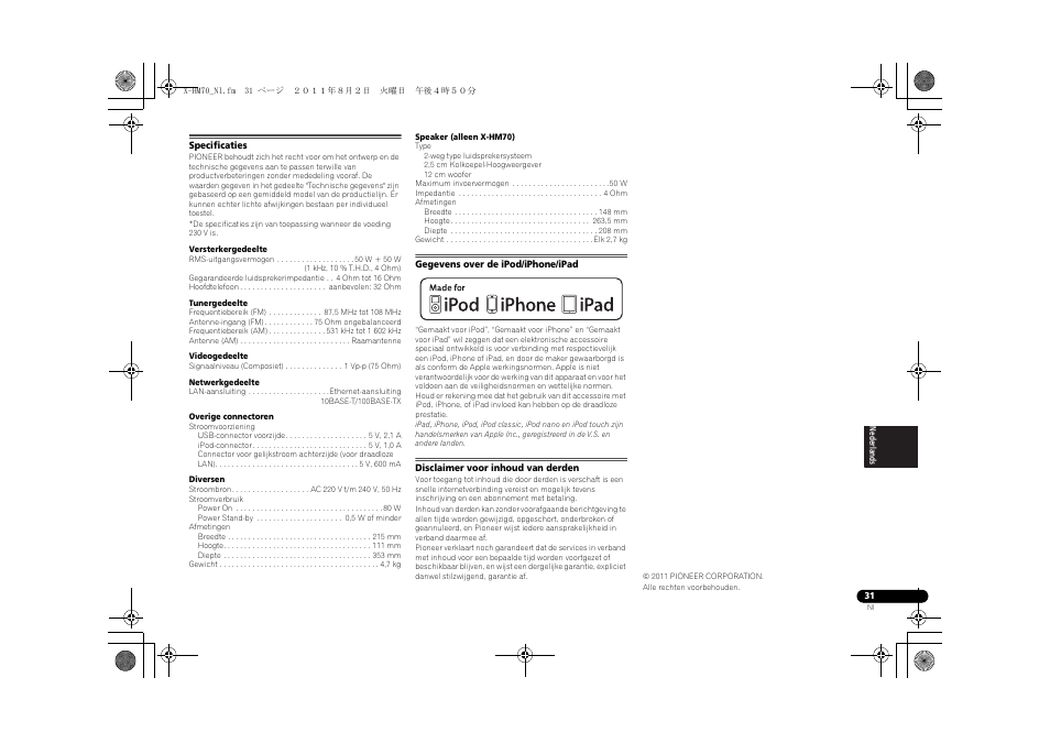 Specificaties, Gegevens over de ipod/iphone/ipad, Disclaimer voor inhoud van derden | Pioneer XC-HM70-K User Manual | Page 187 / 224