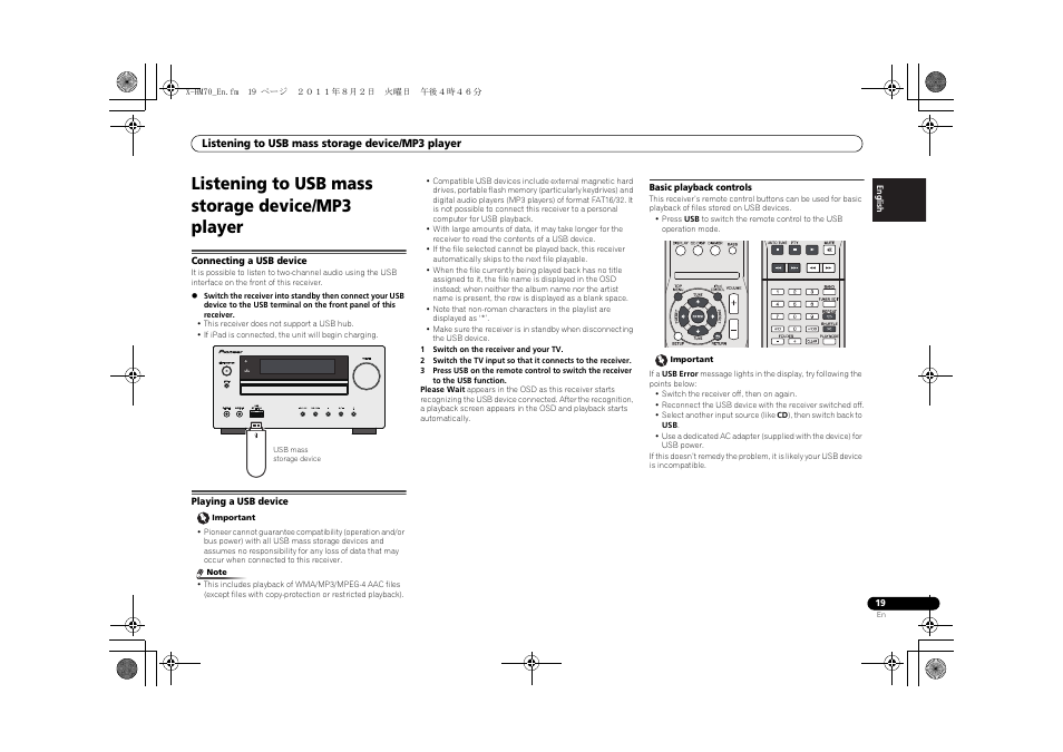 Listening to usb mass storage device/ mp3 player, Connecting a usb device, Playing a usb device | Listening to usb mass storage device/mp3 player, Timer | Pioneer XC-HM70-K User Manual | Page 19 / 224