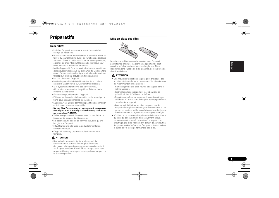 Préparatifs, Généralités, Mise en place des piles | Pioneer XC-HM70-K User Manual | Page 35 / 224