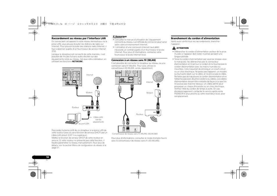 Raccordement au réseau par l’interface lan, Branchement du cordon d’alimentation | Pioneer XC-HM70-K User Manual | Page 40 / 224