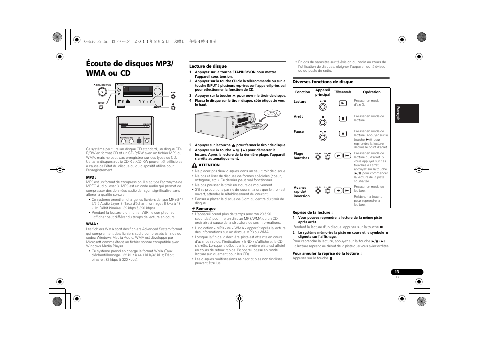 Écoute de disques mp3/wma ou cd, Lecture de disque, Diverses fonctions de disque | Écoute de disques mp3/ wma ou cd, Timer, Usb 5v 2.1a phones audio in | Pioneer XC-HM70-K User Manual | Page 43 / 224