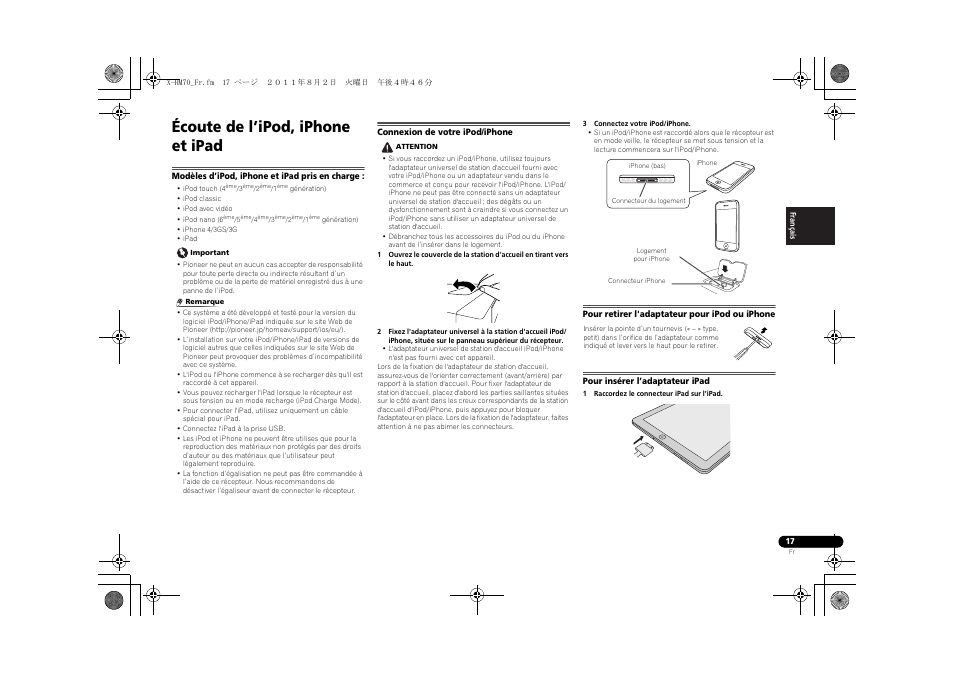 Écoute de l’ipod, iphone et ipad, Modèles d’ipod, iphone et ipad pris en charge, Connexion de votre ipod/iphone | Pour retirer l'adaptateur pour ipod ou iphone, Pour insérer l’adaptateur ipad | Pioneer XC-HM70-K User Manual | Page 47 / 224
