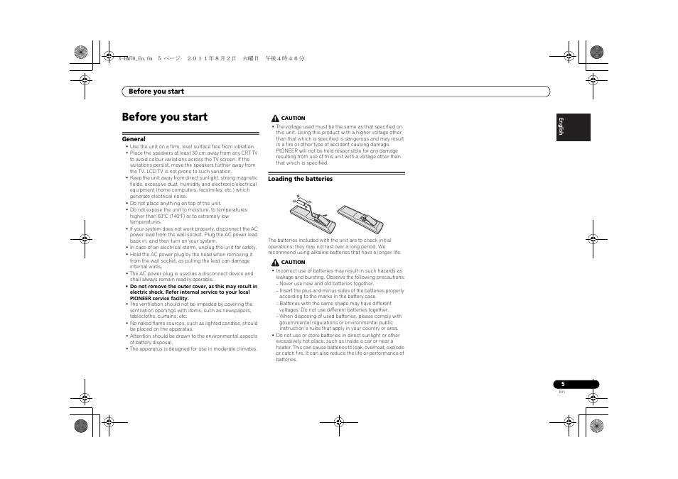 Before you start, General, Loading the batteries | Pioneer XC-HM70-K User Manual | Page 5 / 224