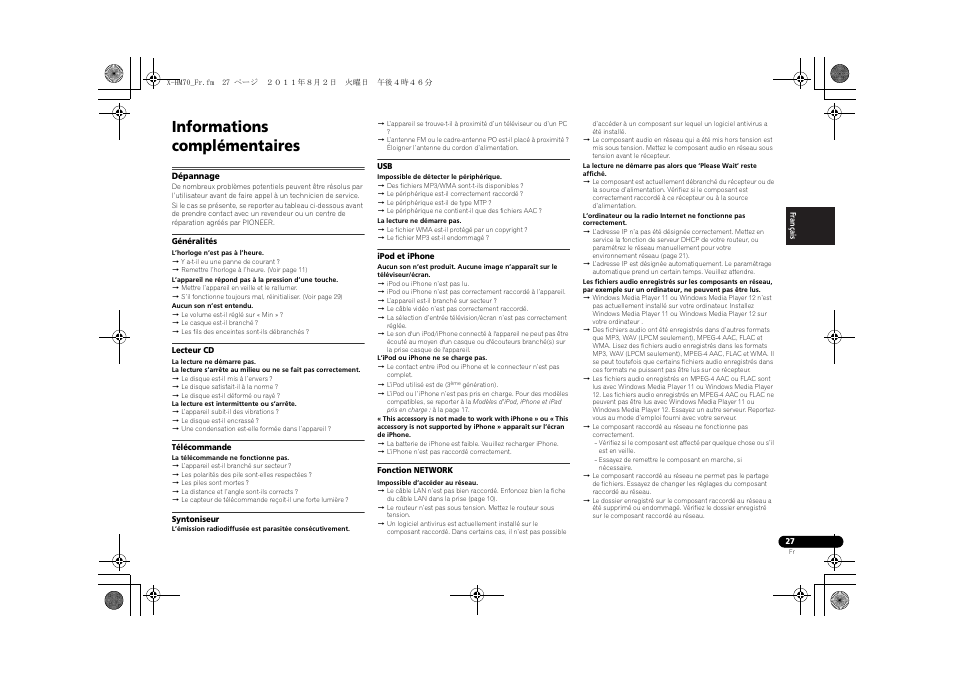 Informations complémentaires, Dépannage | Pioneer XC-HM70-K User Manual | Page 57 / 224