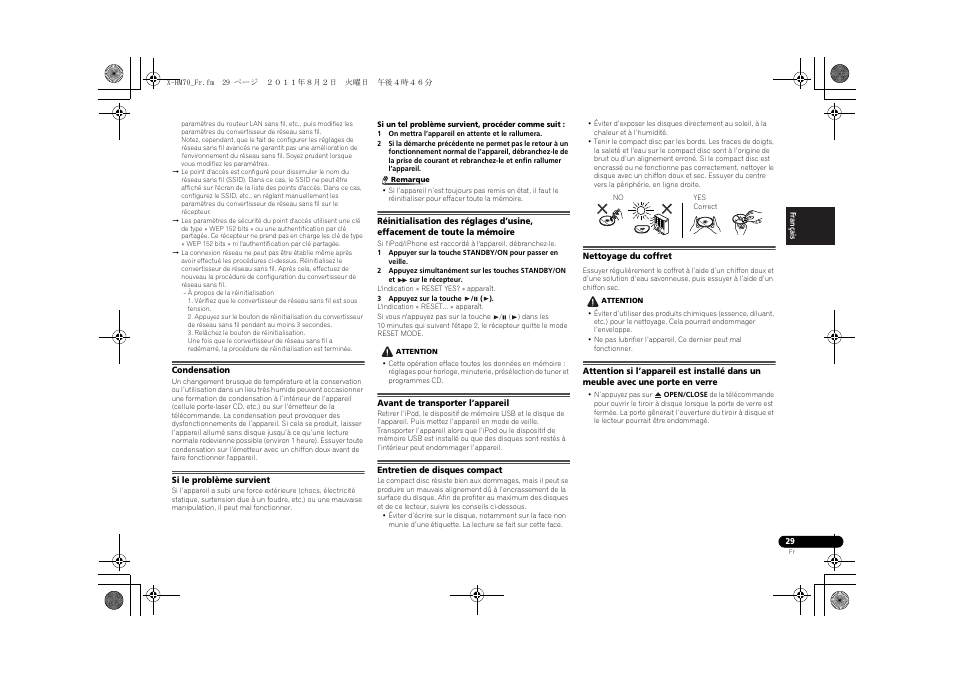 Condensation, Si le problème survient, Avant de transporter l’appareil | Entretien de disques compact, Nettoyage du coffret | Pioneer XC-HM70-K User Manual | Page 59 / 224
