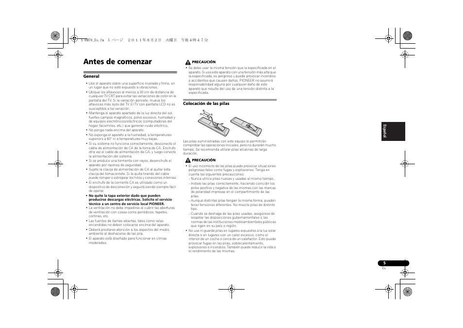 Antes de comenzar, General, Colocación de las pilas | Pioneer XC-HM70-K User Manual | Page 71 / 224