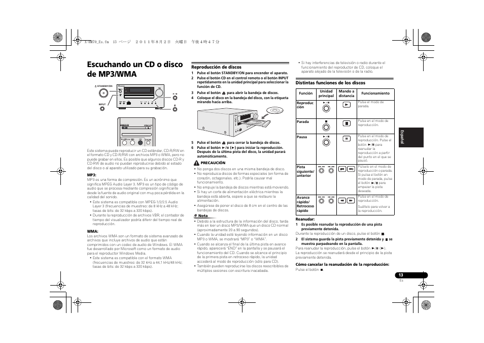 Escuchando un cd o disco de mp3/wma, Reproducción de discos, Distintas funciones de los discos | Timer, Usb 5v 2.1a phones audio in | Pioneer XC-HM70-K User Manual | Page 79 / 224
