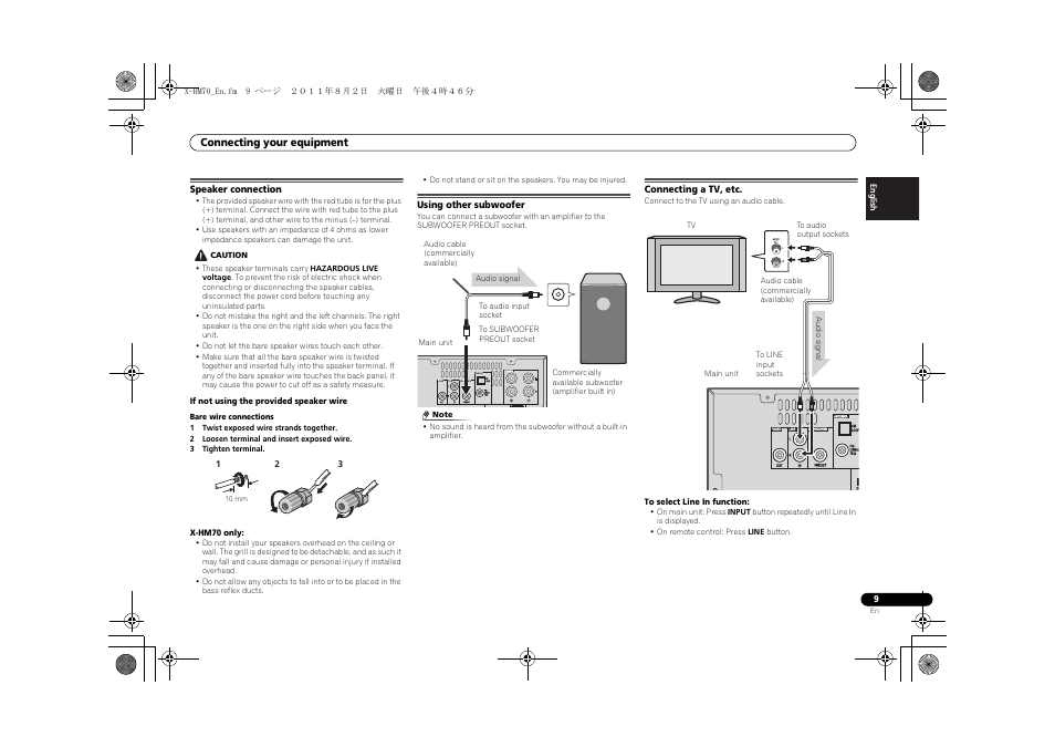 Speaker connection, Using other subwoofer, Connecting a tv, etc | Pioneer XC-HM70-K User Manual | Page 9 / 224