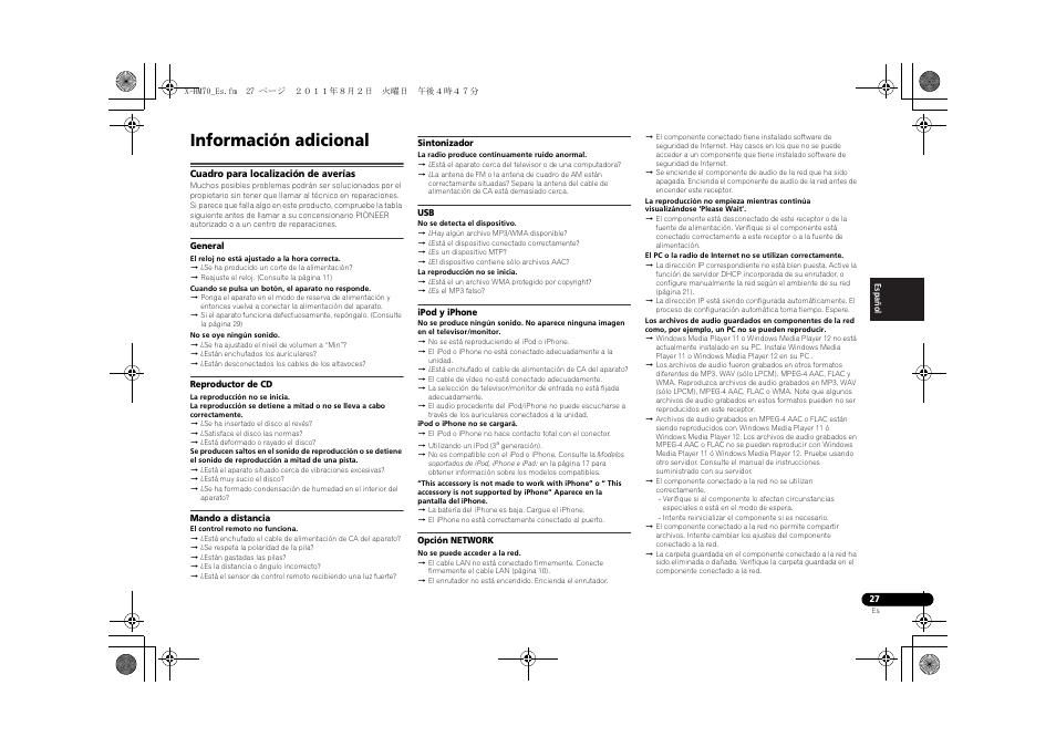 Información adicional, Cuadro para localización de averías | Pioneer XC-HM70-K User Manual | Page 93 / 224