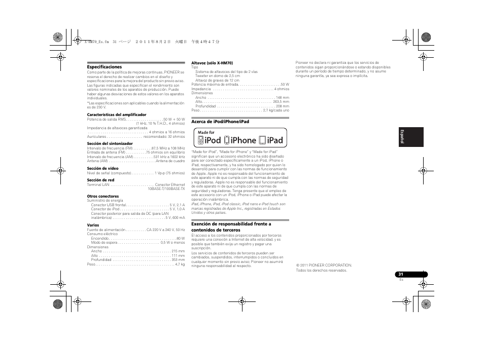 Especificaciones, Acerca de ipod/iphone/ipad | Pioneer XC-HM70-K User Manual | Page 97 / 224