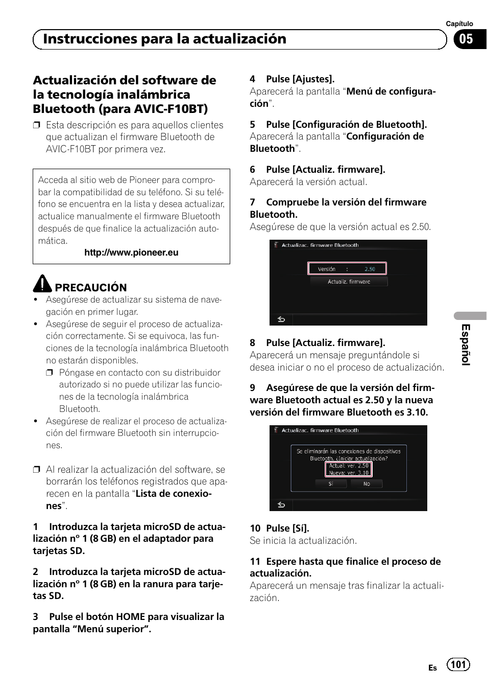 Actualización del software de la, Tecnología inalámbrica bluetooth (para avic-f10bt), 05 instrucciones para la actualización | Pioneer AVIC-F10BT User Manual | Page 101 / 164