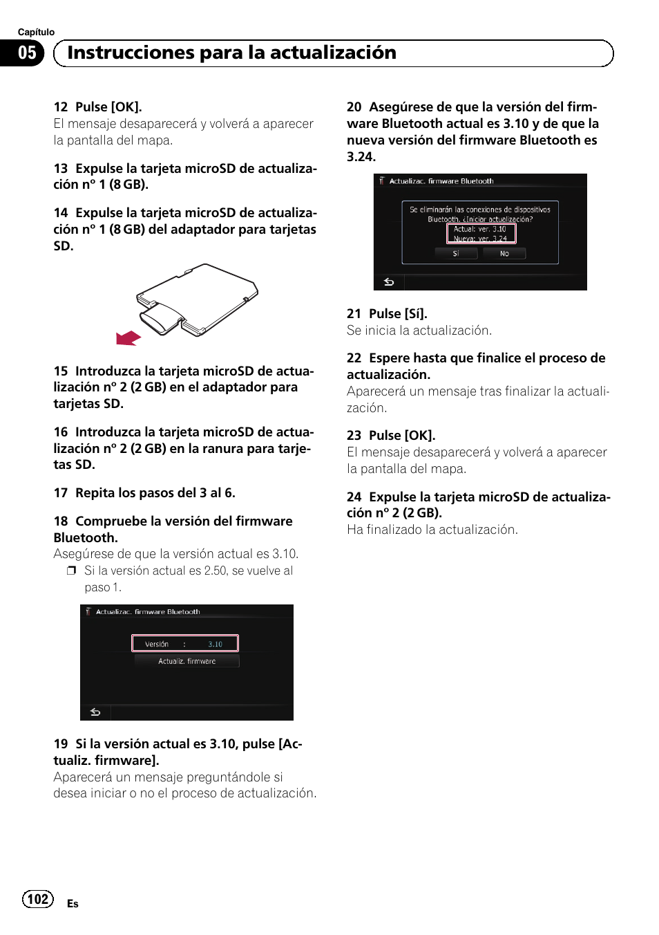05 instrucciones para la actualización | Pioneer AVIC-F10BT User Manual | Page 102 / 164