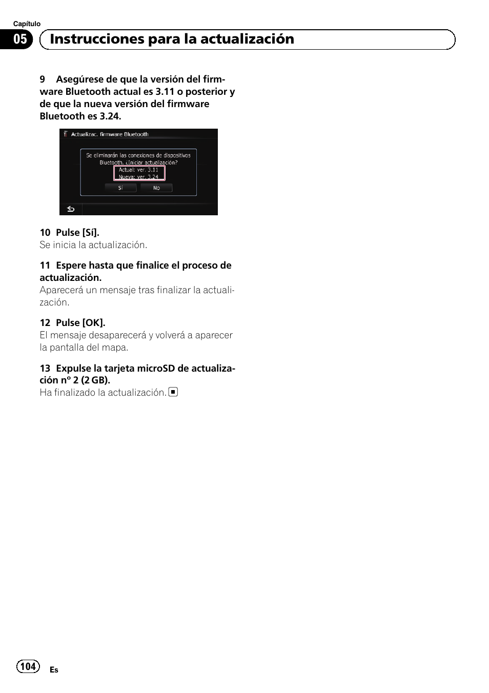 05 instrucciones para la actualización | Pioneer AVIC-F10BT User Manual | Page 104 / 164