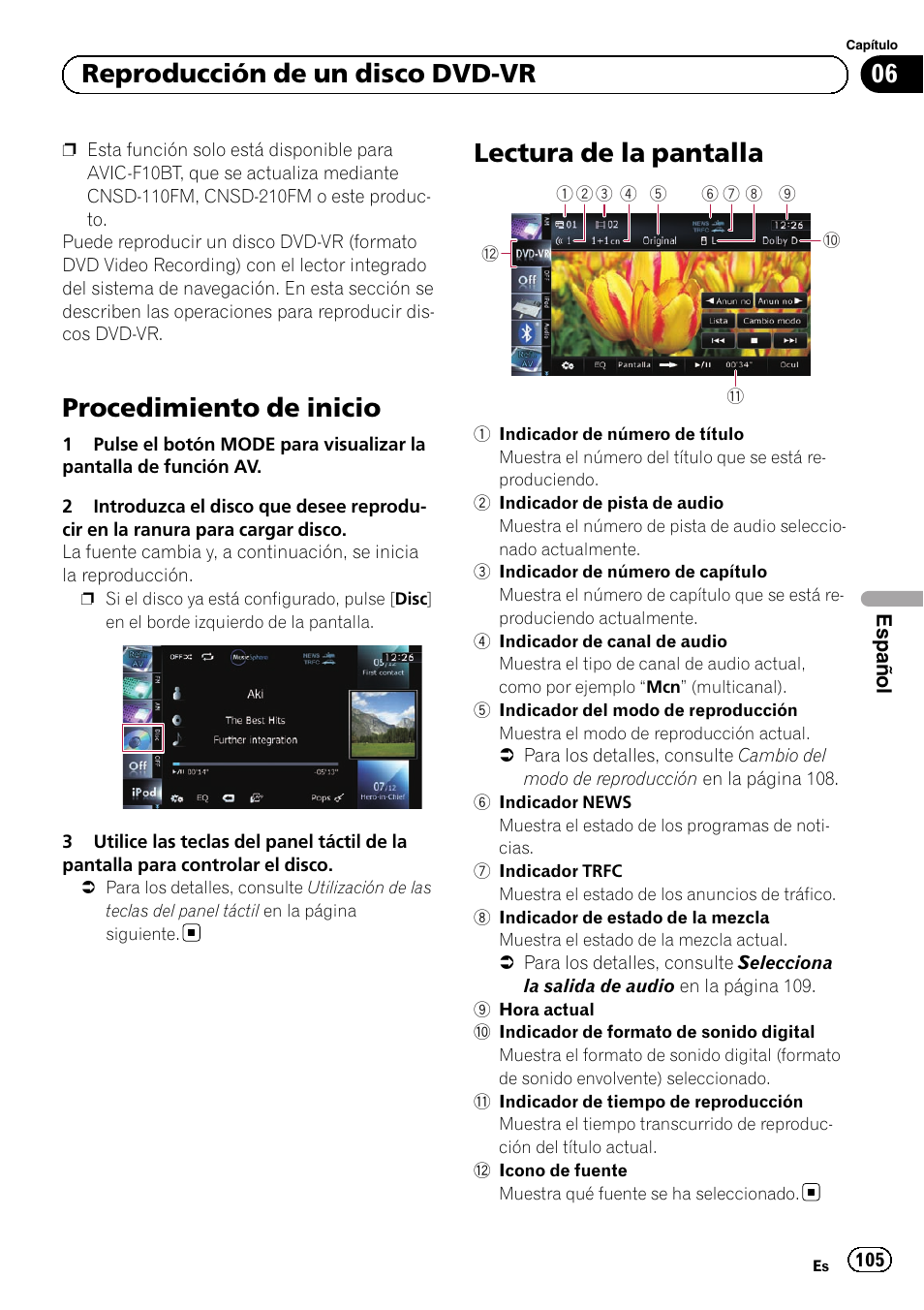 Lectura de la pantalla, Procedimiento de inicio, 06 reproducción de un disco dvd-vr | Pioneer AVIC-F10BT User Manual | Page 105 / 164