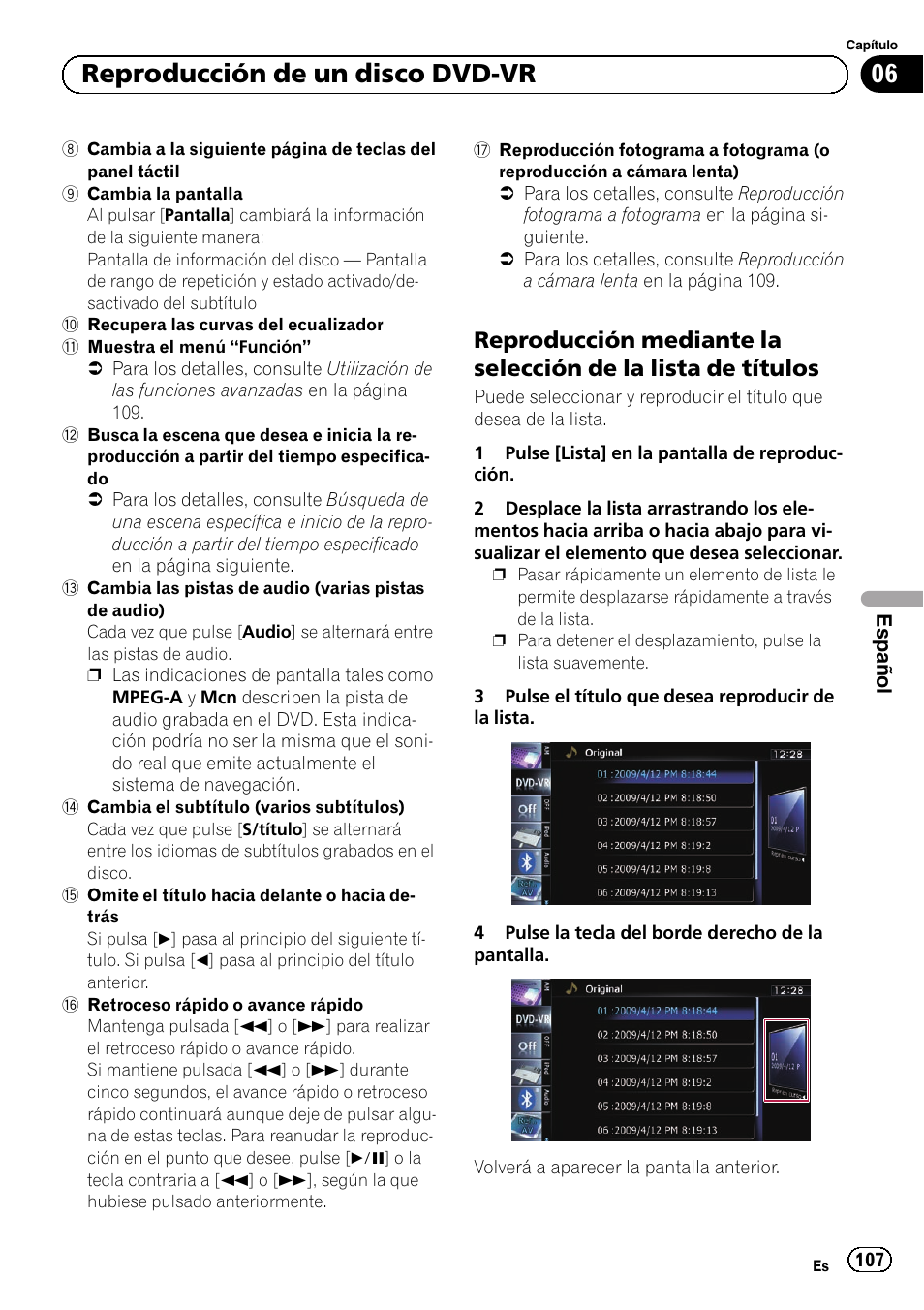 Reproducción mediante la selección de, La lista de títulos, Reproducción | 06 reproducción de un disco dvd-vr | Pioneer AVIC-F10BT User Manual | Page 107 / 164