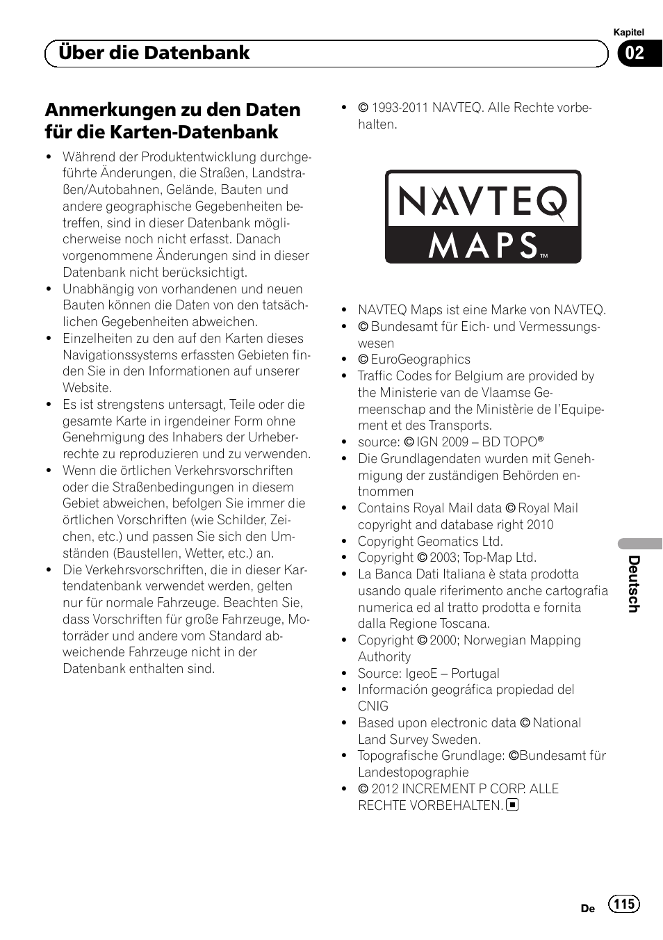 Datenbank, Anmerkungen zu den daten für die karten-datenbank, 02 über die datenbank | Pioneer AVIC-F10BT User Manual | Page 115 / 164