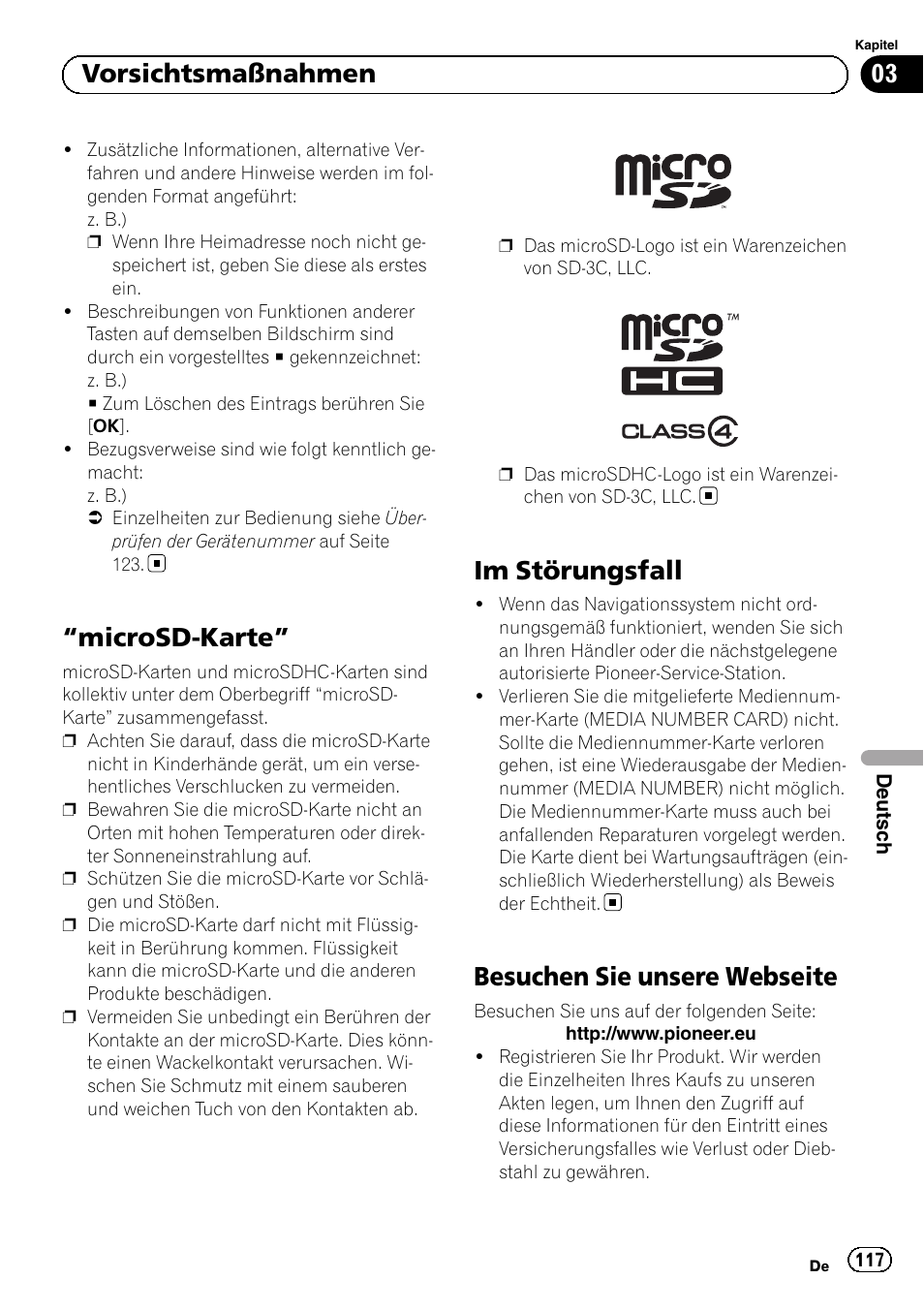 Microsd-karte” 117 im störungsfall, Besuchen sie unsere webseite, Microsd-karte | Im störungsfall, 03 vorsichtsmaßnahmen | Pioneer AVIC-F10BT User Manual | Page 117 / 164