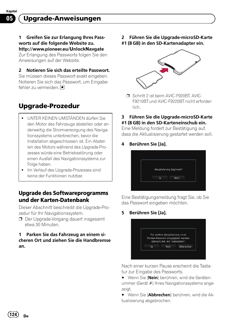 Upgrade-prozedur, Upgrade des softwareprogramms und, Der karten-datenbank | 05 upgrade-anweisungen | Pioneer AVIC-F10BT User Manual | Page 124 / 164