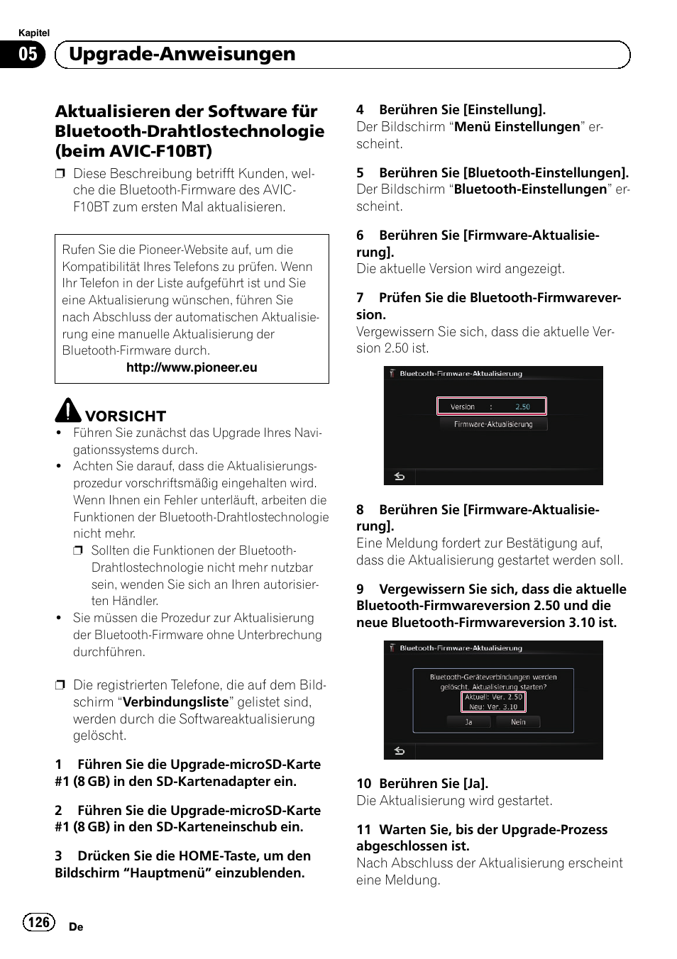 Aktualisieren der software für, Bluetooth-drahtlostechnologie (beim avic-f10bt), Aktua | 05 upgrade-anweisungen | Pioneer AVIC-F10BT User Manual | Page 126 / 164