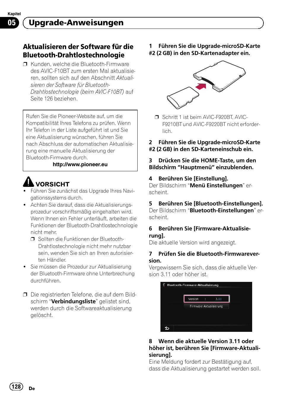 Aktualisieren der software für die, Bluetooth-drahtlostechnologie, Aktua | 05 upgrade-anweisungen | Pioneer AVIC-F10BT User Manual | Page 128 / 164