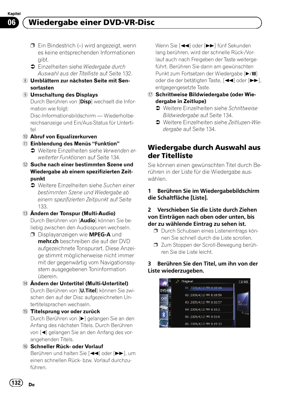 Wiedergabe durch auswahl aus der, Titelliste, 06 wiedergabe einer dvd-vr-disc | Wiedergabe durch auswahl aus der titelliste | Pioneer AVIC-F10BT User Manual | Page 132 / 164