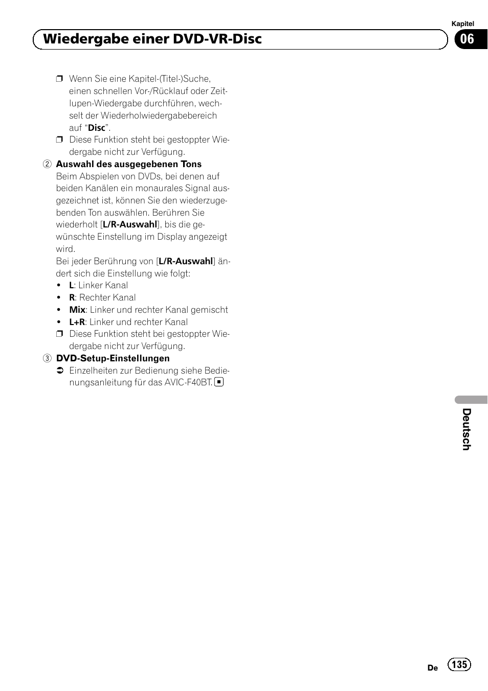Auswahl, Des ausgegebenen tons auf seite 135, 06 wiedergabe einer dvd-vr-disc | Pioneer AVIC-F10BT User Manual | Page 135 / 164
