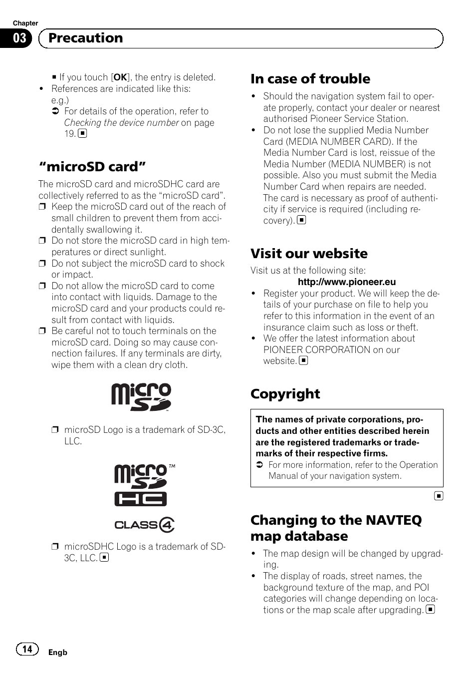 Microsd card” 14 in case of trouble, Visit our website, Copyright | Changing to the navteq map database, Microsd card, 03 precaution | Pioneer AVIC-F10BT User Manual | Page 14 / 164