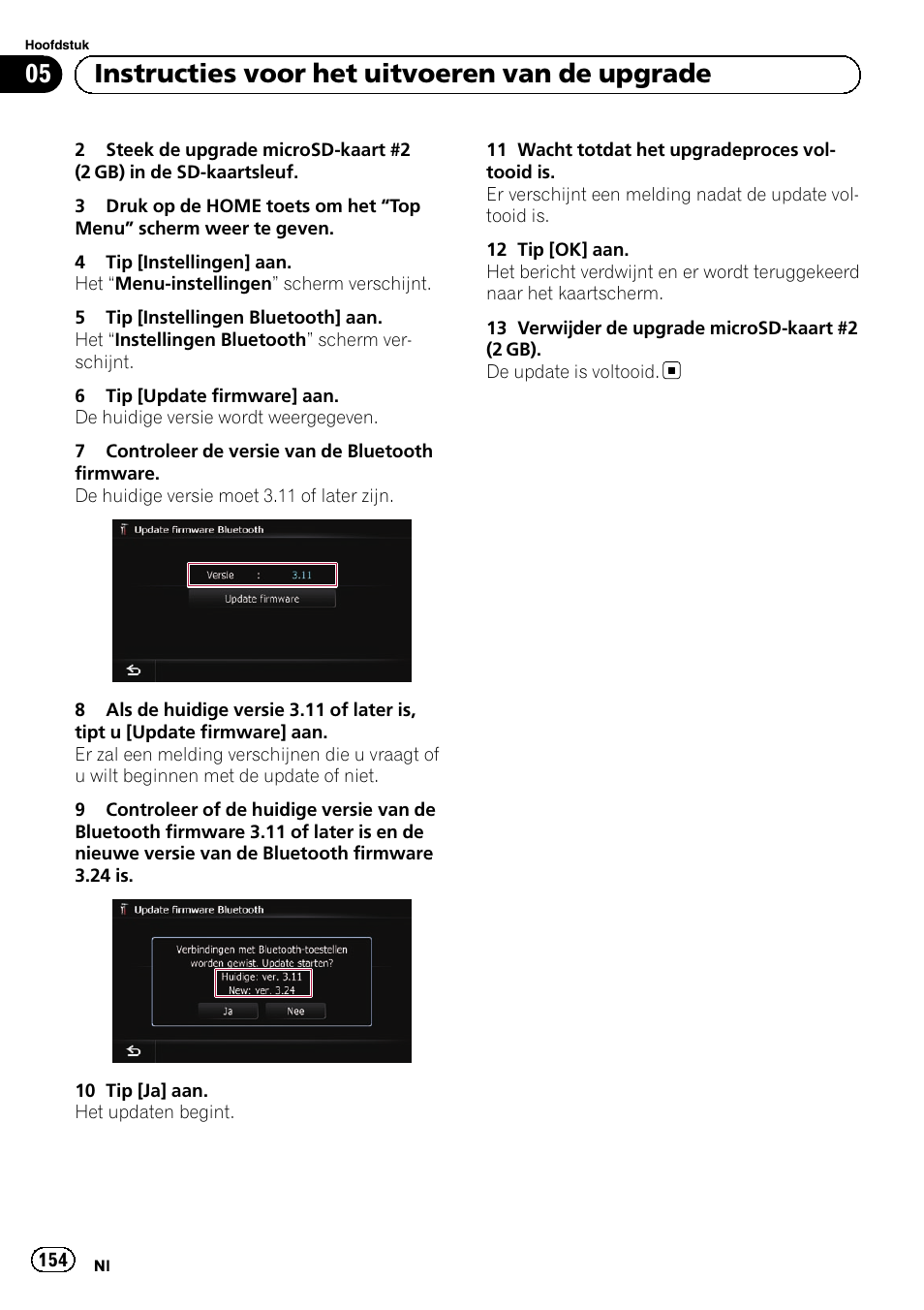 05 instructies voor het uitvoeren van de upgrade | Pioneer AVIC-F10BT User Manual | Page 154 / 164