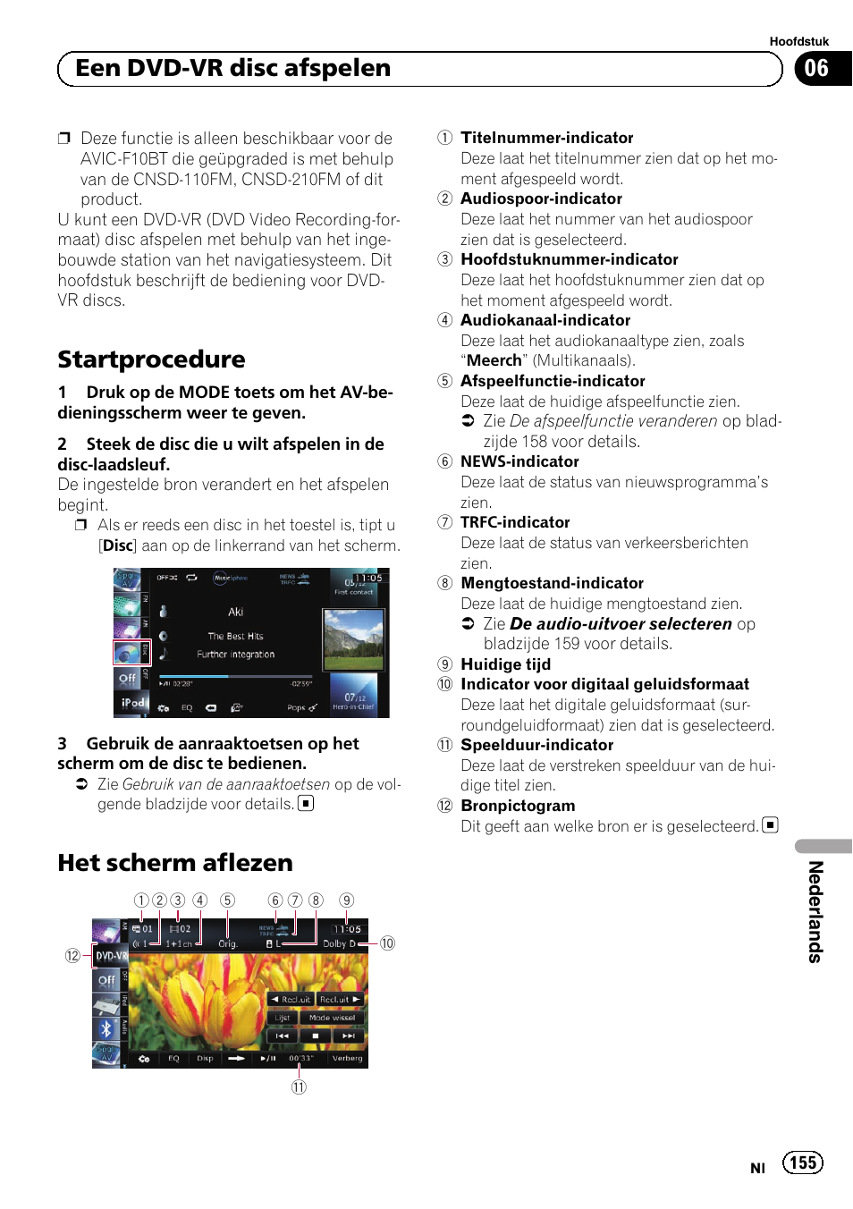 Een dvd-vr disc afspelen startprocedure, Het scherm aflezen, Startprocedure | 06 een dvd-vr disc afspelen | Pioneer AVIC-F10BT User Manual | Page 155 / 164