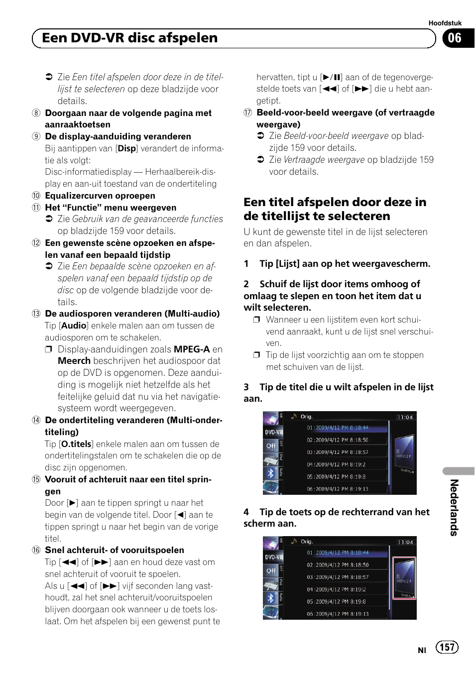Een titel afspelen door deze in de, Titellijst te selecteren, 06 een dvd-vr disc afspelen | Pioneer AVIC-F10BT User Manual | Page 157 / 164
