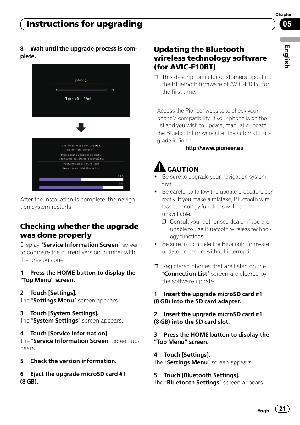 Checking whether the upgrade was, Done properly, Updating the bluetooth wireless | Technology software (for avic- f10bt), 05 instructions for upgrading, Checking whether the upgrade was done properly | Pioneer AVIC-F10BT User Manual | Page 21 / 164