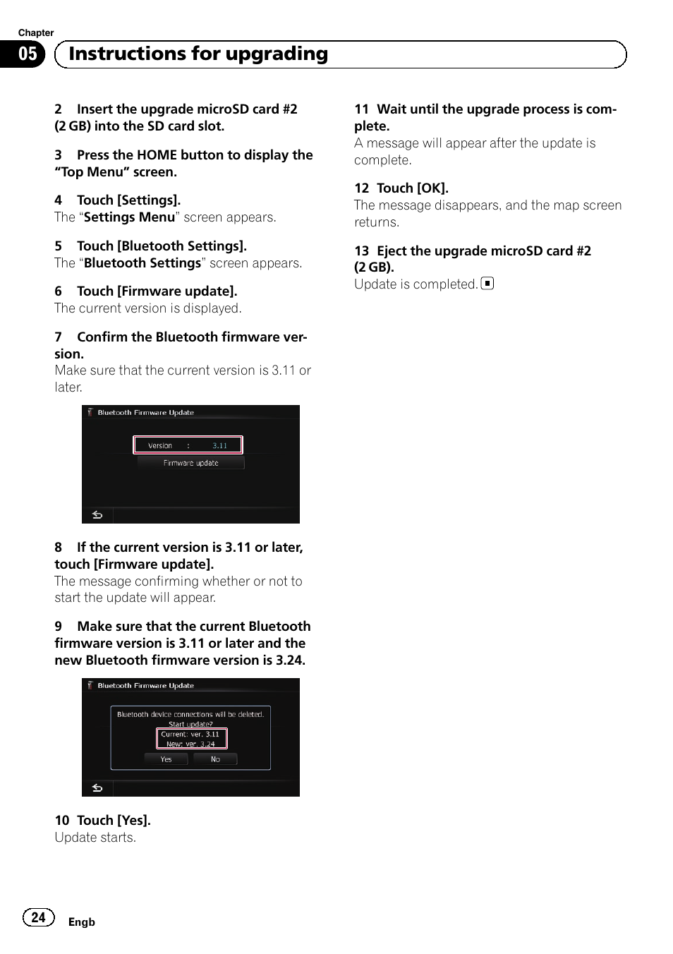 05 instructions for upgrading | Pioneer AVIC-F10BT User Manual | Page 24 / 164