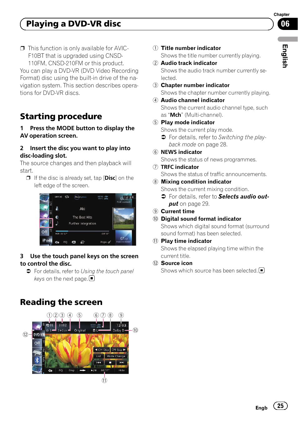 Playing a dvd-vr disc starting procedure, Reading the screen, Starting procedure | 06 playing a dvd-vr disc | Pioneer AVIC-F10BT User Manual | Page 25 / 164