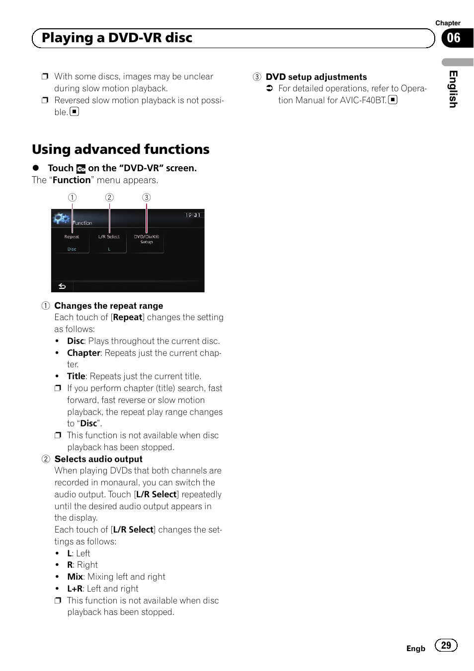 Using advanced functions, Selects audio out, Using advanced func | 06 playing a dvd-vr disc | Pioneer AVIC-F10BT User Manual | Page 29 / 164