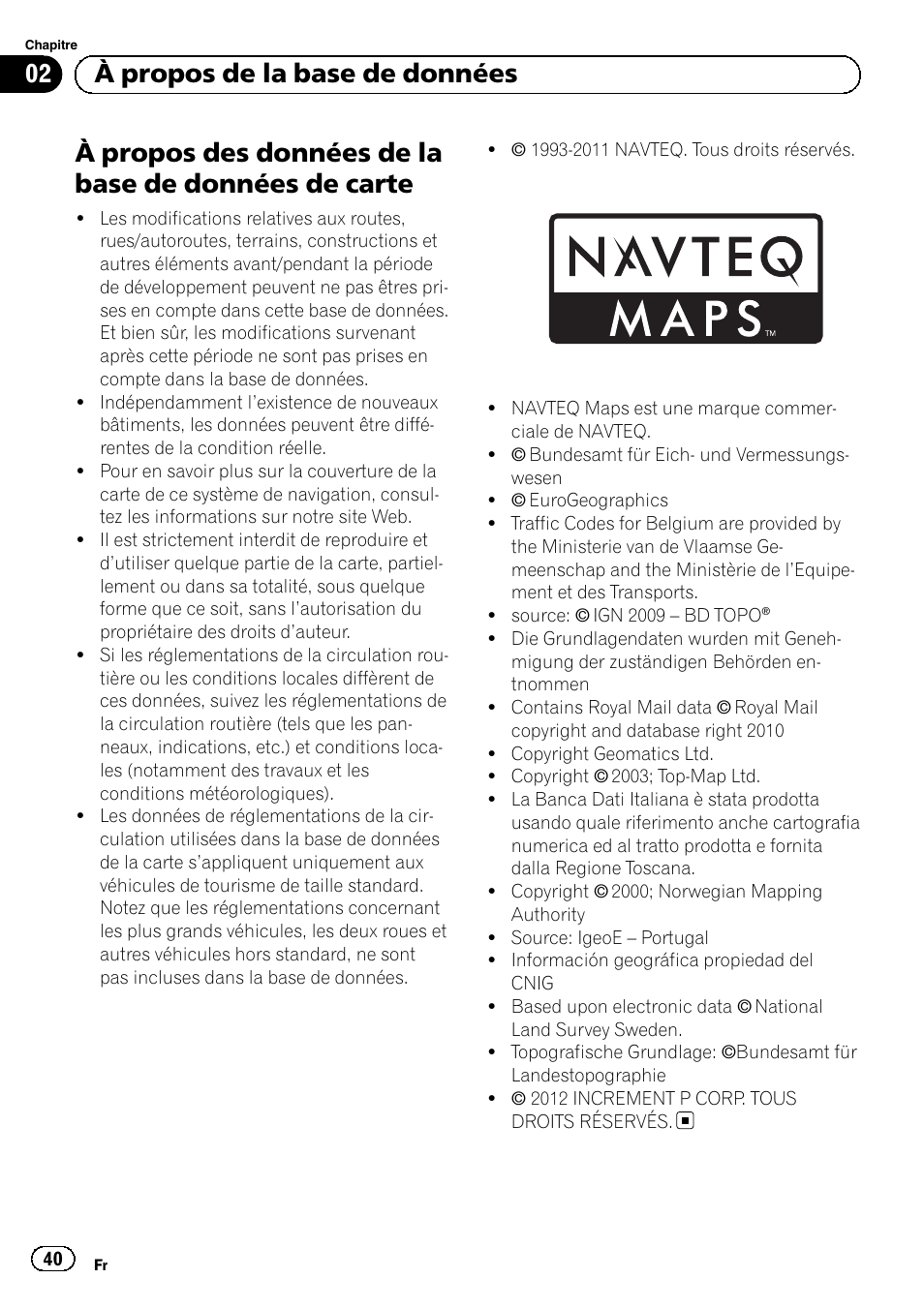 De carte, 02 à propos de la base de données | Pioneer AVIC-F10BT User Manual | Page 40 / 164