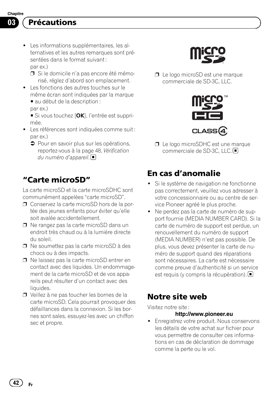 Carte microsd” 42 en cas d, Anomalie 42, Notre site web | Carte microsd, En cas d ’anomalie, 03 précautions | Pioneer AVIC-F10BT User Manual | Page 42 / 164
