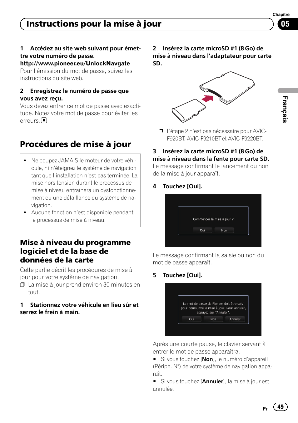 Procédures de mise à jour, Mise à niveau du programme logiciel et, De la base de données de la carte | 05 instructions pour la mise à jour | Pioneer AVIC-F10BT User Manual | Page 49 / 164