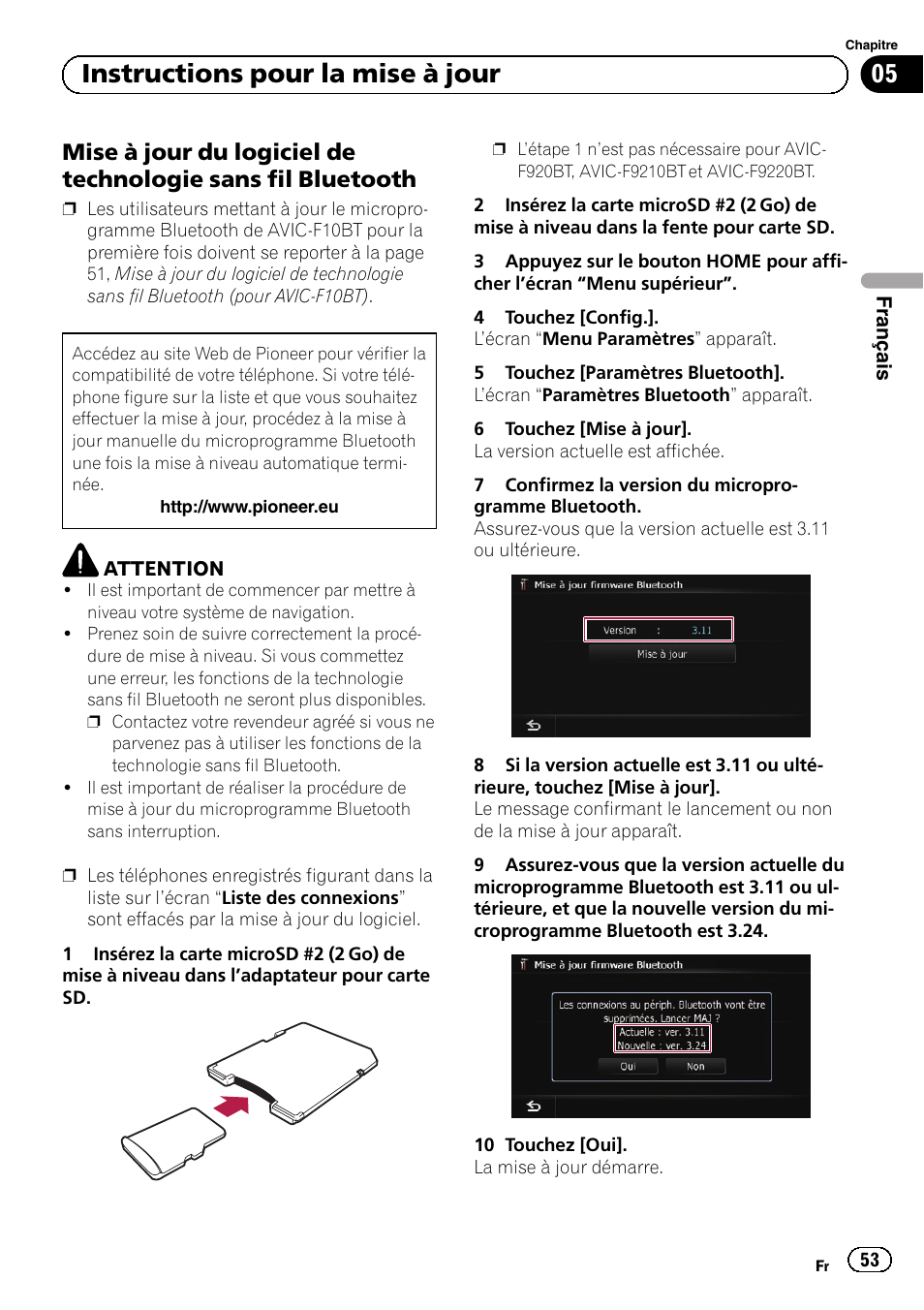 Mise à jour du logiciel de technologie, Sans fil bluetooth, 05 instructions pour la mise à jour | Pioneer AVIC-F10BT User Manual | Page 53 / 164