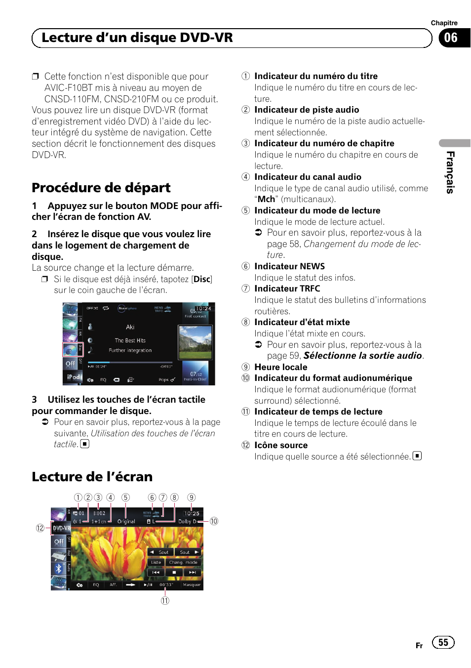 Lecture d, Un disque dvd-vr, Procédure de départ | Lecture de l, Écran 55, Lecture de l ’écran, 06 lecture d ’un disque dvd-vr | Pioneer AVIC-F10BT User Manual | Page 55 / 164