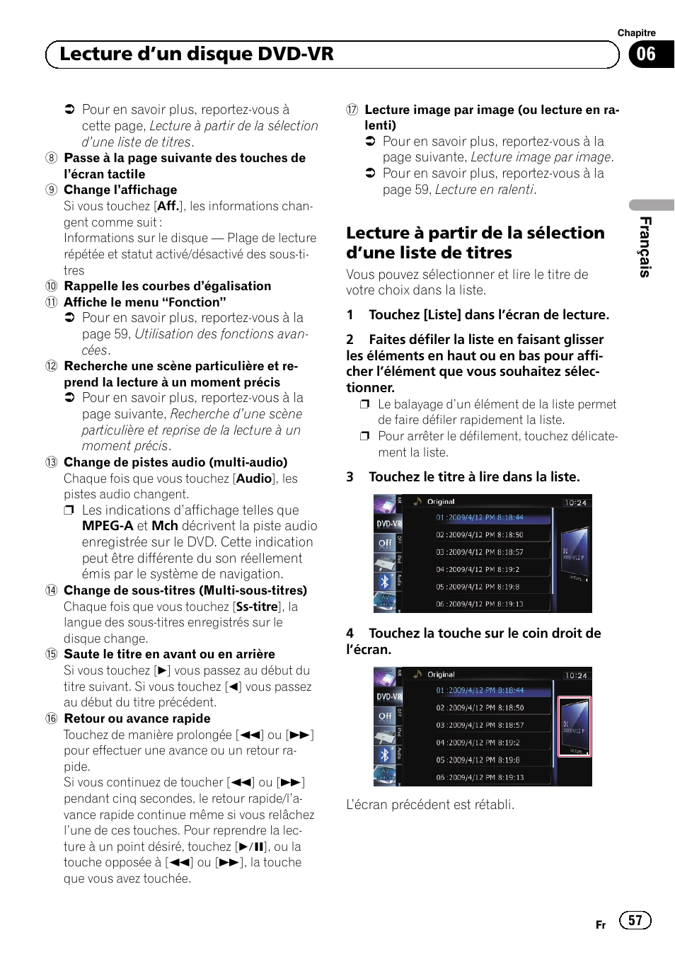 Lecture à partir de la sélection d’une, Liste de titres, 06 lecture d ’un disque dvd-vr | Pioneer AVIC-F10BT User Manual | Page 57 / 164