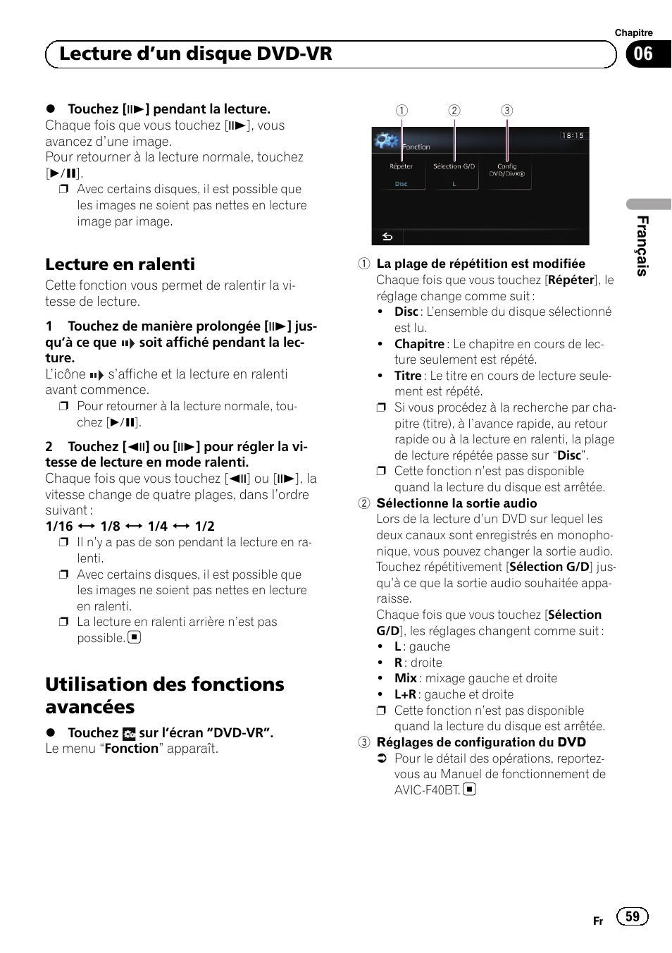 Lecture en ralenti 59, Utilisation des fonctions avancées, 06 lecture d ’un disque dvd-vr | Lecture en ralenti | Pioneer AVIC-F10BT User Manual | Page 59 / 164