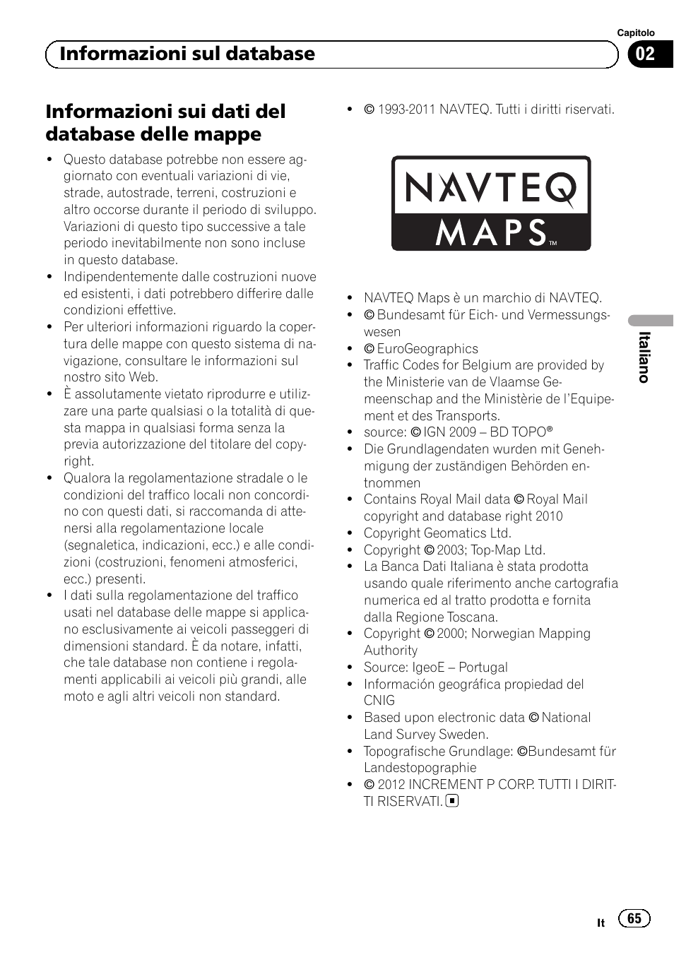 Mappe, Informazioni sui dati del database delle mappe, 02 informazioni sul database | Pioneer AVIC-F10BT User Manual | Page 65 / 164