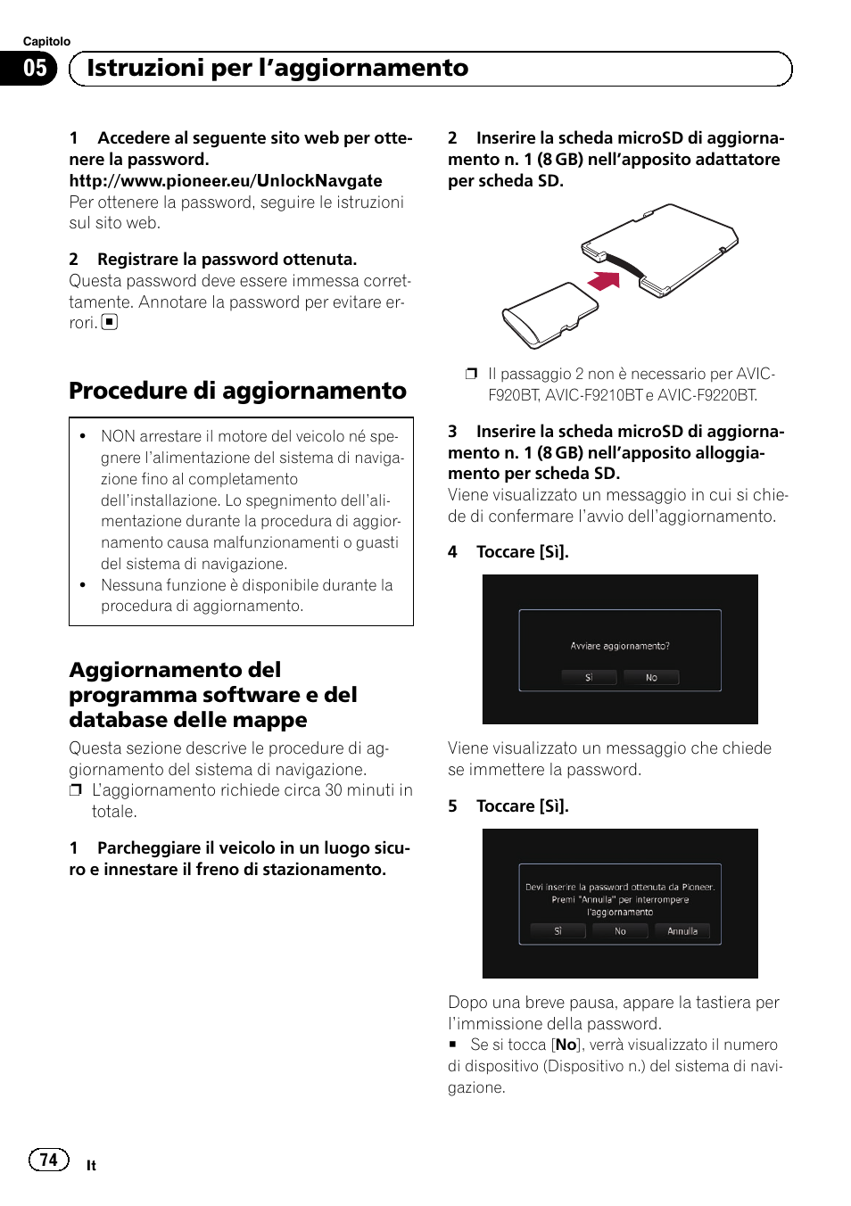 Procedure di aggiornamento, Aggiornamento del programma, Software e del database delle mappe | 05 istruzioni per l ’aggiornamento | Pioneer AVIC-F10BT User Manual | Page 74 / 164