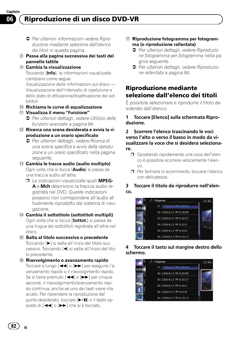 Riproduzione mediante selezione, Dall, Elenco dei titoli 82 | 06 riproduzione di un disco dvd-vr | Pioneer AVIC-F10BT User Manual | Page 82 / 164