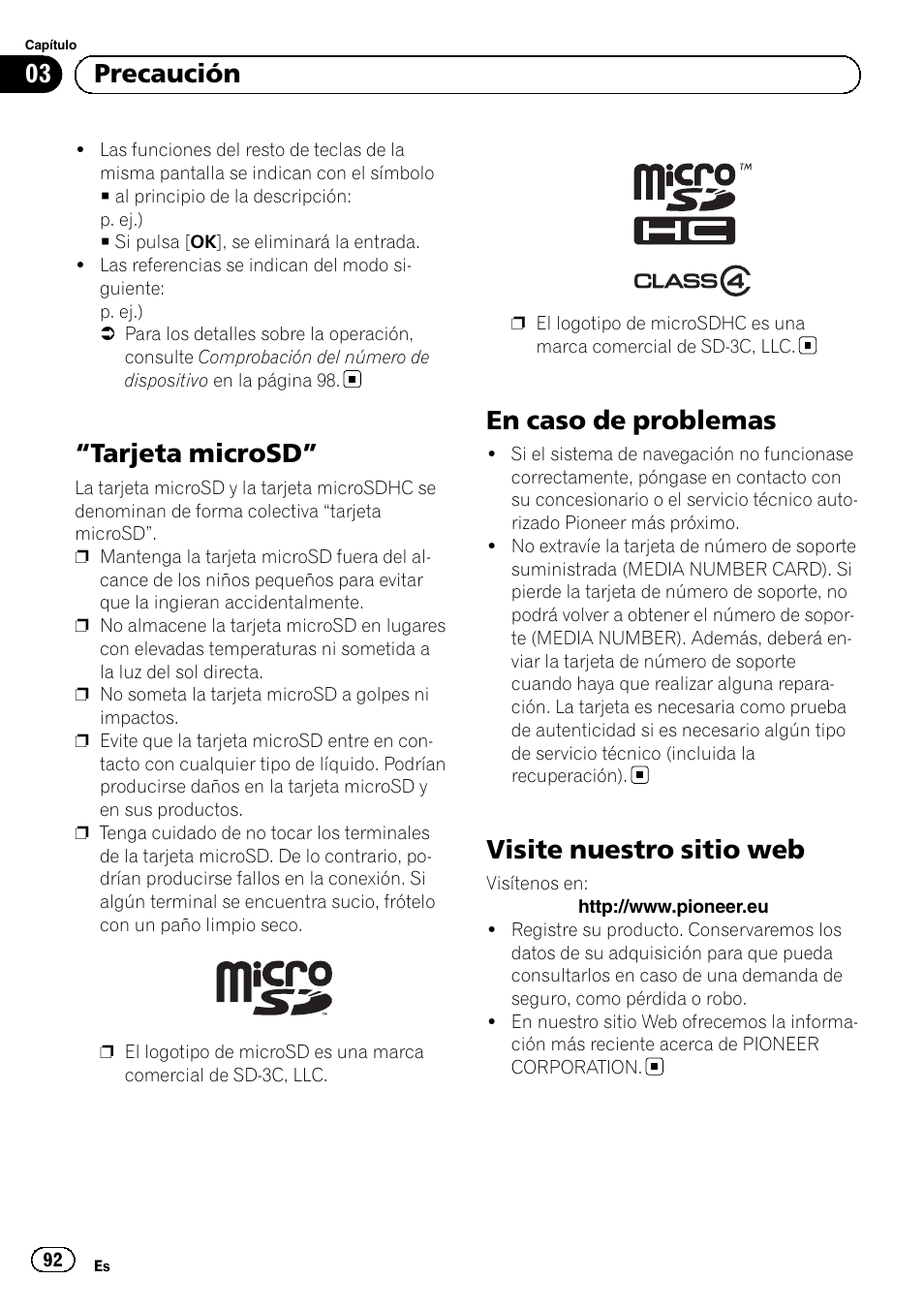 Tarjeta microsd” 92 en caso de problemas, Visite nuestro sitio web, Tarjeta microsd | En caso de problemas, 03 precaución | Pioneer AVIC-F10BT User Manual | Page 92 / 164