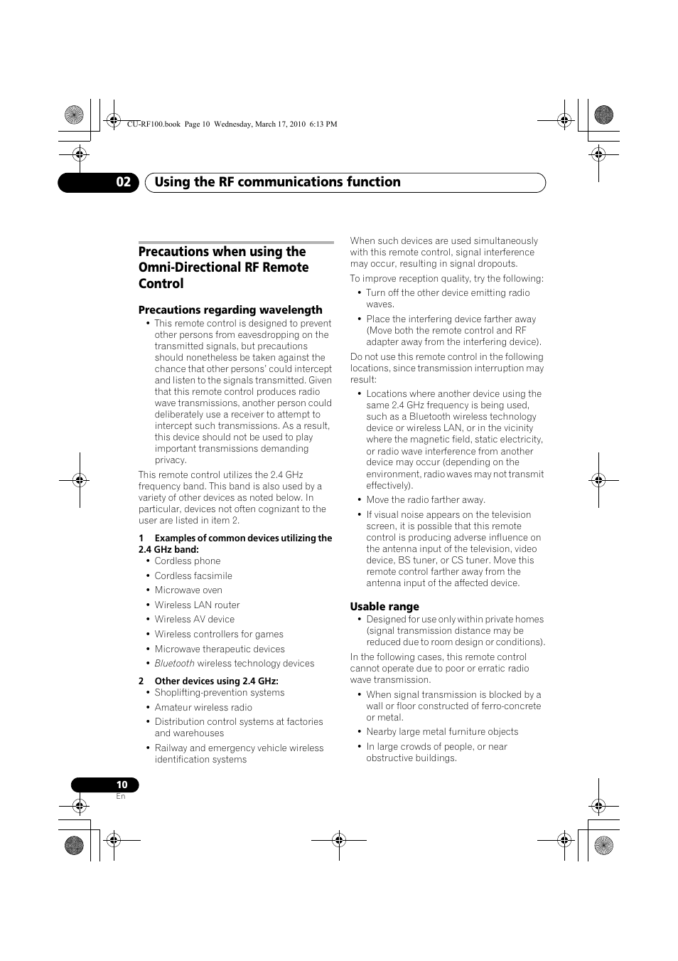 Precautions regarding wavelength, 2 other devices using 2.4 ghz, Usable range | Using the rf communications function 02 | Pioneer CU-RF100-U User Manual | Page 10 / 84